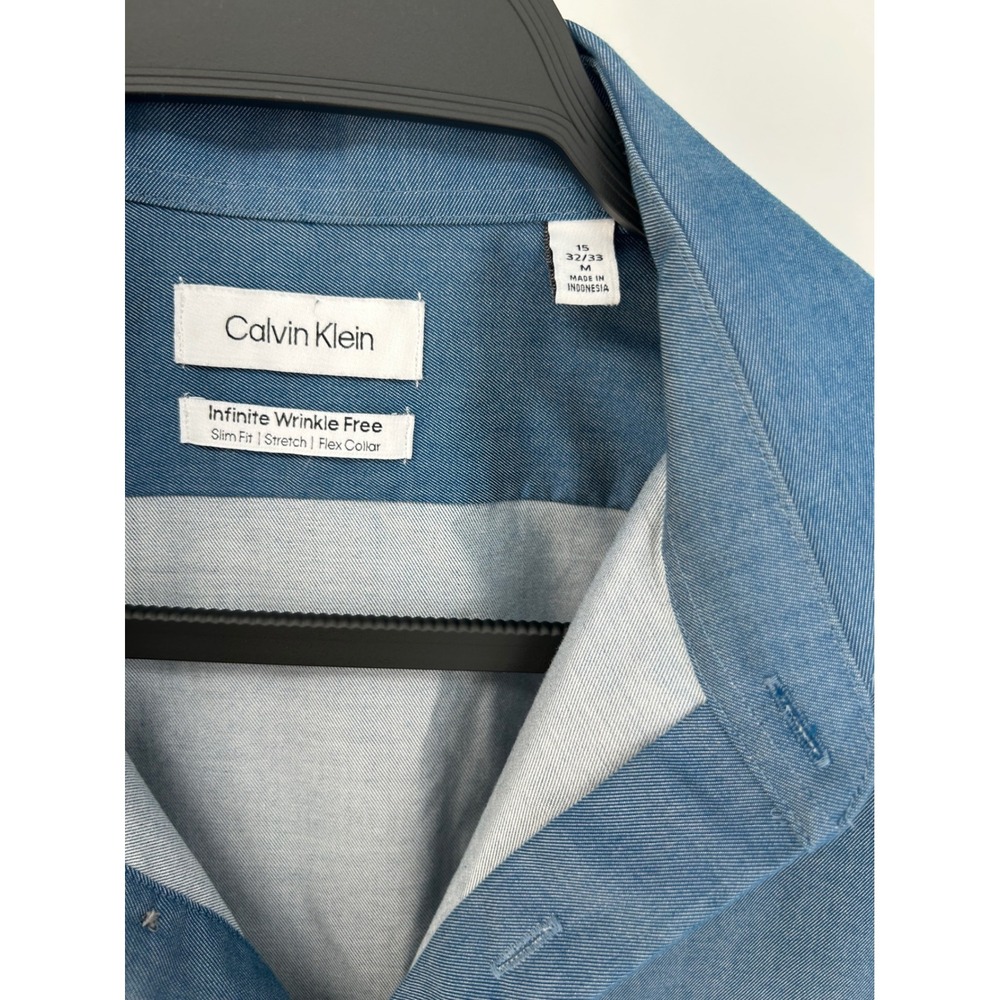 Calvin Klein Mens Blue Infinite Wrinkle Free Slim Fit Dress Shirt 15 32/33 - Picture 2 of 3